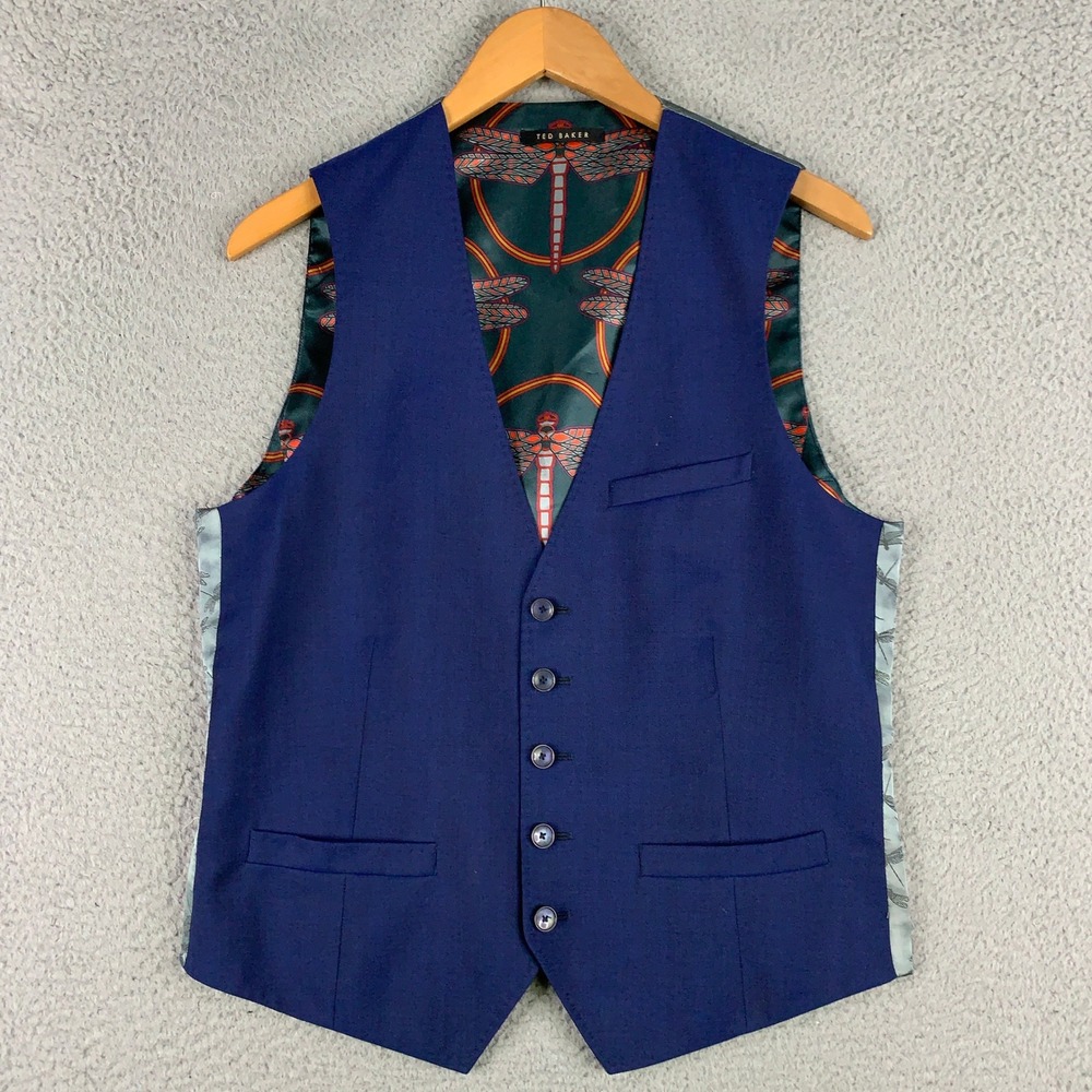 Ted Baker Waistcoat Vest Men's Size 38R Navy Blue Wool Modern Fit Woven in Italy